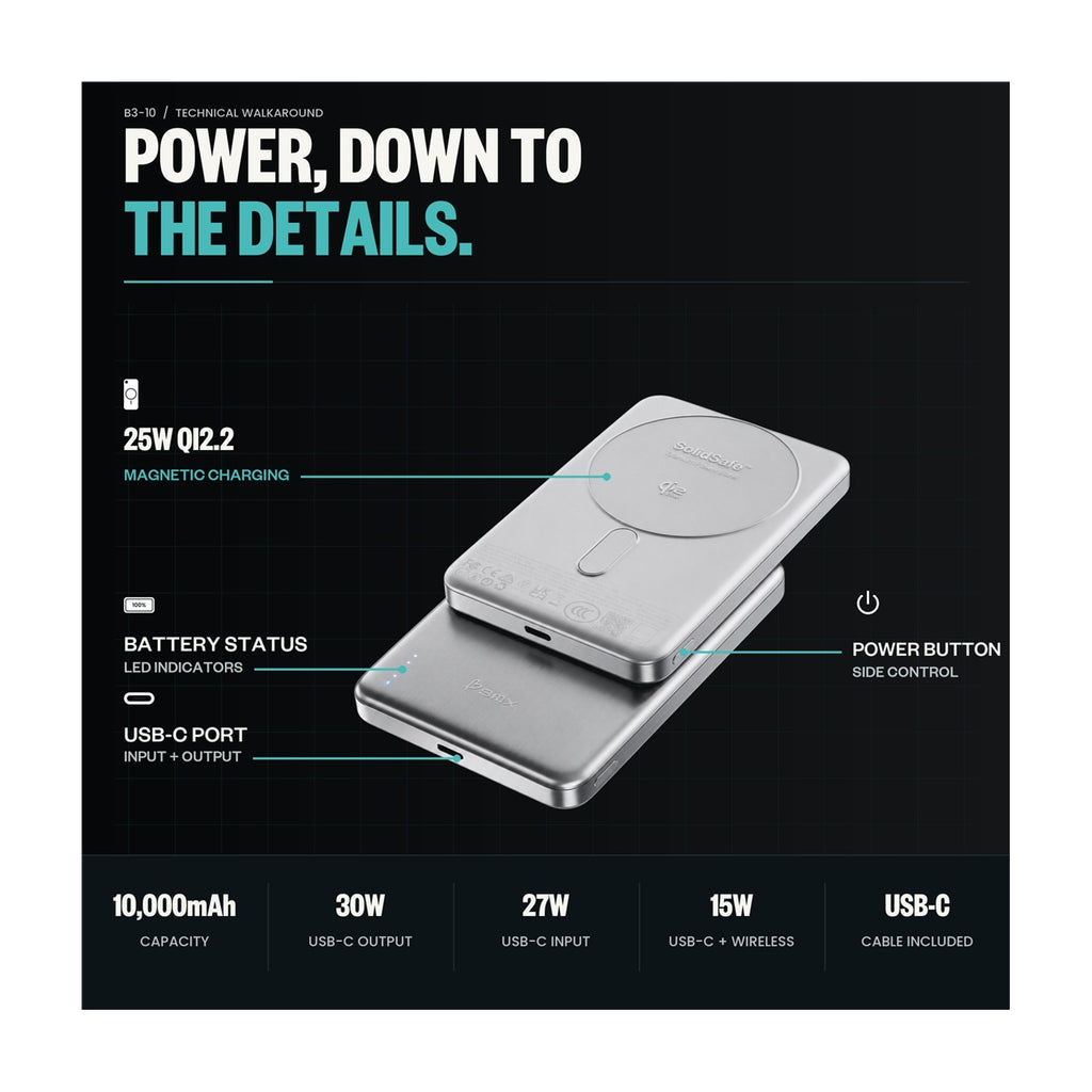 BMX SolidSafe Air 10000mAh Magnetic Power Bank 25W Qi2.2 30W USB-C