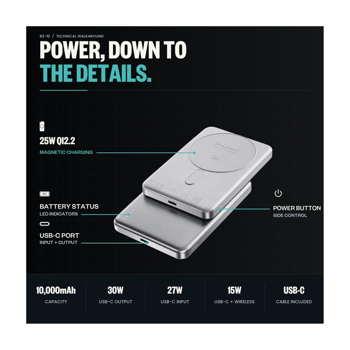 BMX SolidSafe Air 10000mAh Magnetic Power Bank 25W Qi2.2 30W USB-C